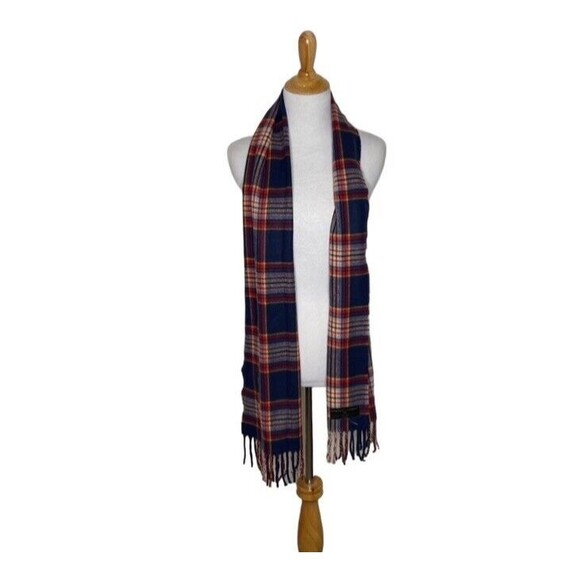 D&Y Softer Than Cashmere Plaid Scarf  Red Blue Pastel Fringe 64 x 12 Acrylic - Picture 1 of 5